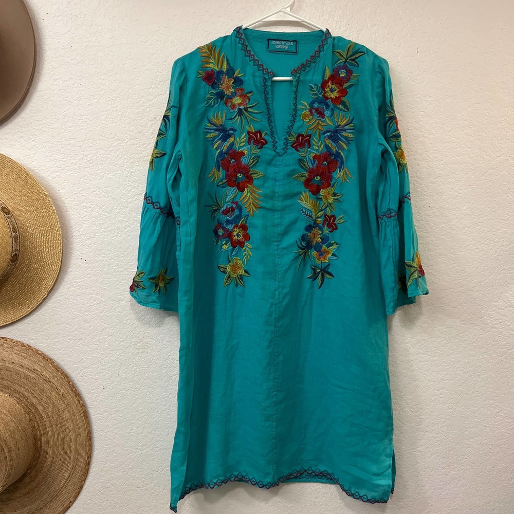 Johnny Was Workshop Teal Embroidered Bell Sleeve Dress
